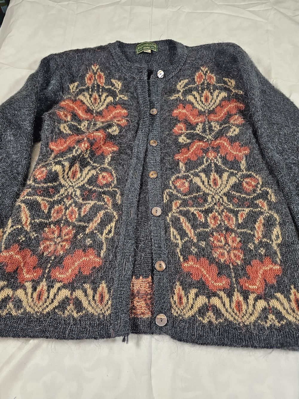 Vintage Button-Front Cardigan Sweater Gray with Rust and Cream Floral Med 14/16